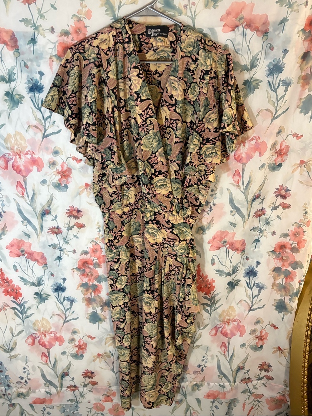Vintage Floral Wrap Dress in Green and Pink